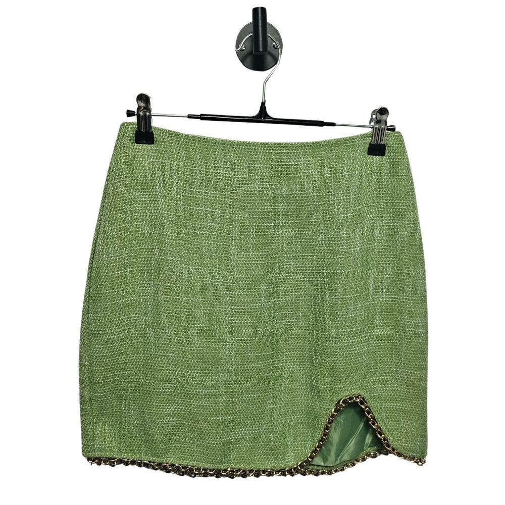 NWT Fashion Nova Preppy Tweed Mini Skirt Metallic Gold Chain Hem Size Small